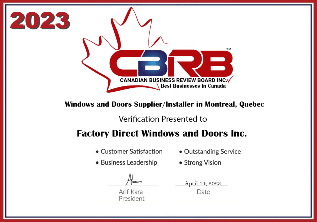 2023 CBRB Inc. Factory Direct Windows and Doors Inc. Certificat